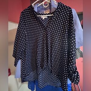 Studio I Navy Blue Polka Dot V-Neck Blouse